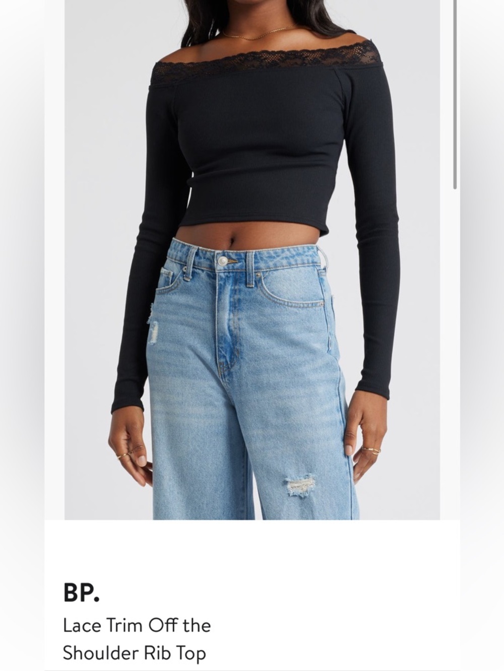 bp Black Lace-Trim Off-Shoulder Ribbed Top